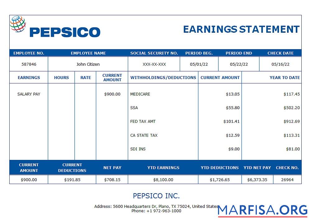 Printable USA Pepsico Inc. drink producing company pay stub template